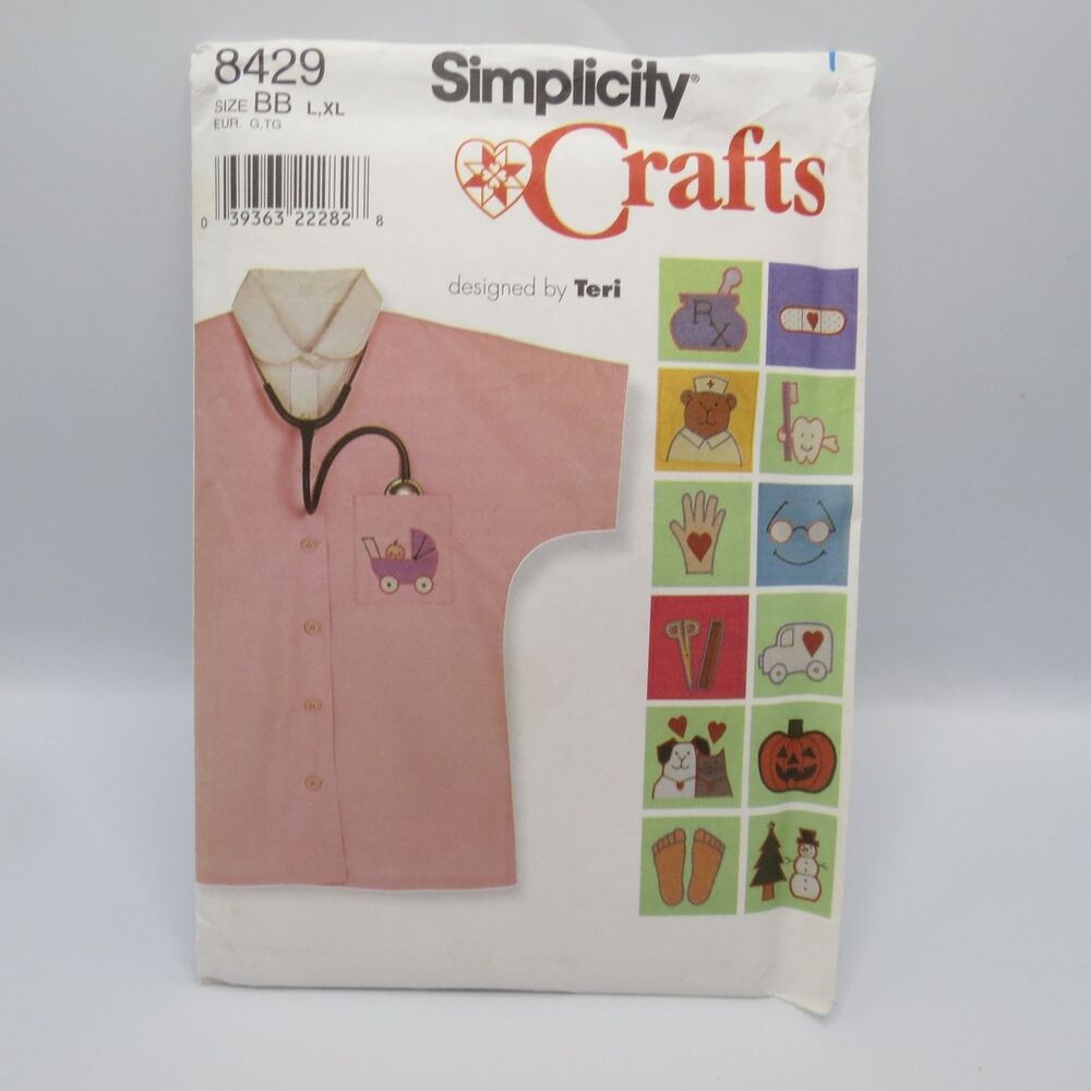 Simplicity 8429 Crafts Adult Scrubs Appliques Size BB (L,XL) Vintage 1998